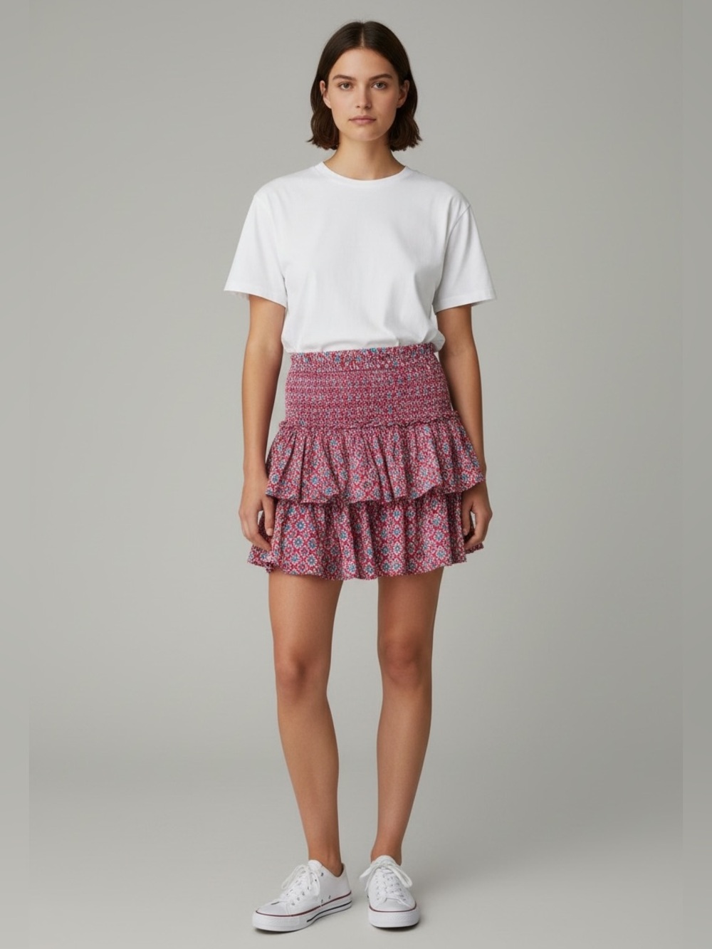 Reset Women's Tiered Mini Skirt with Smocked Waistband and All-Over flowers